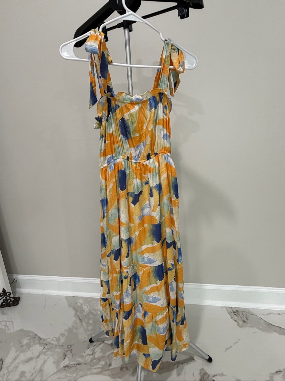 Abstract Yellow and Blue Tie-Shoulder Midi Dress
